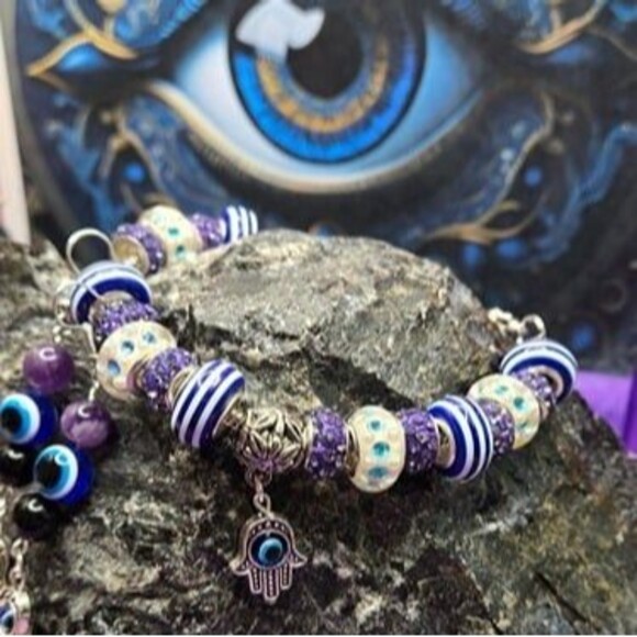 Hamsa Hand Evil Eye Gemstone Charm Earrings & Bracelet Set - Picture 9 of 10